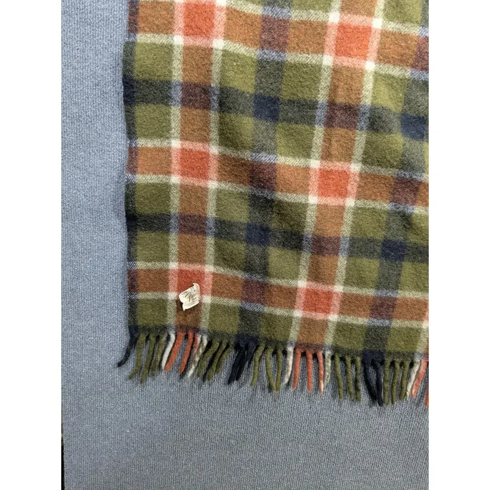 Vintage Faribo Fluff-Loomed Wool Blanket Green Orange Fringe 46x56 Throw EUC